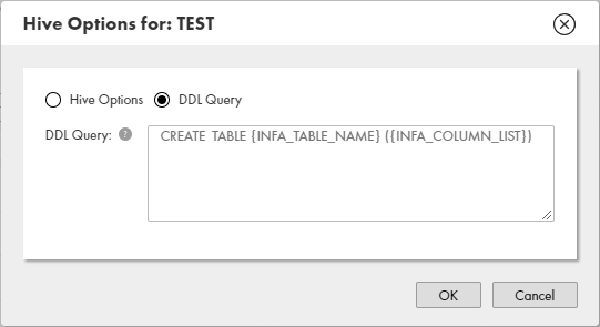 This image shows a dialog box to configure Hive options. DDL Query is selected. 
			 