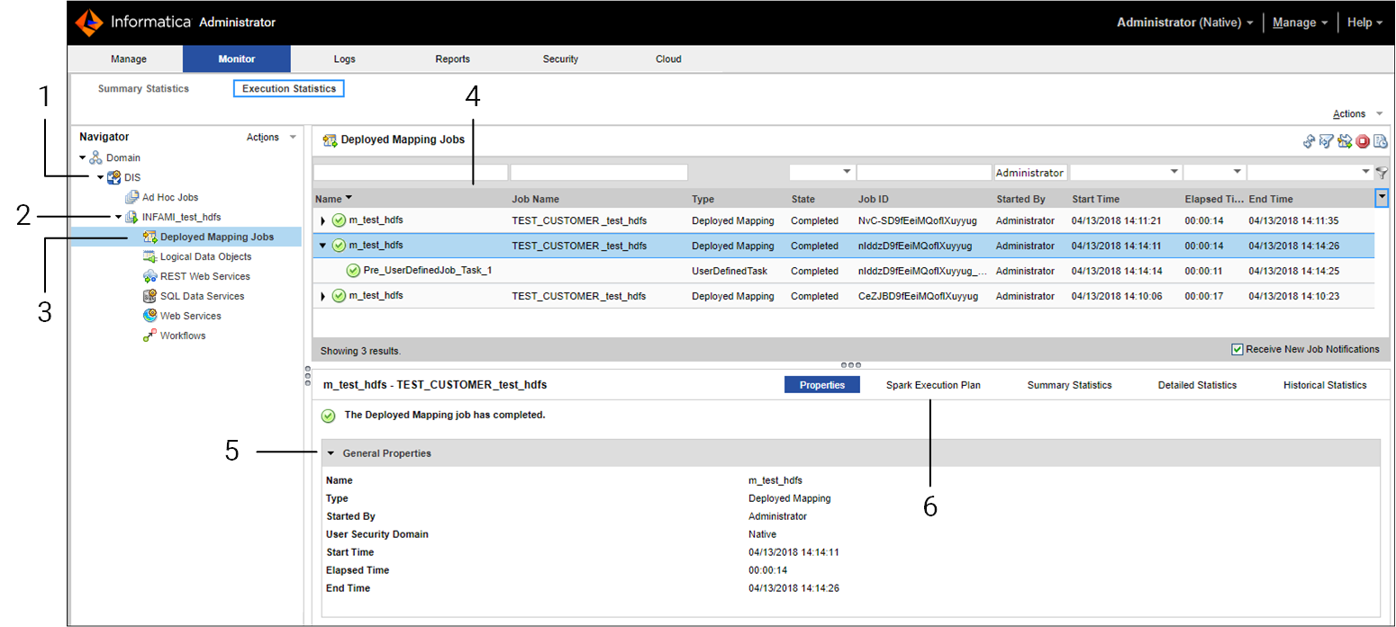 This image shows the Execution Statistics tab in the Administrator tool. The Execution Statistics tab shows details on the execution statistics for deployed mapping jobs in an application on the Data Integration Service. 
			 