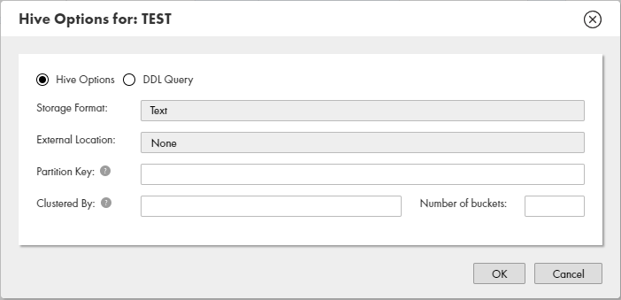 This image shows a dialog box to configure Hive options. Hive Options is selected. 
			 