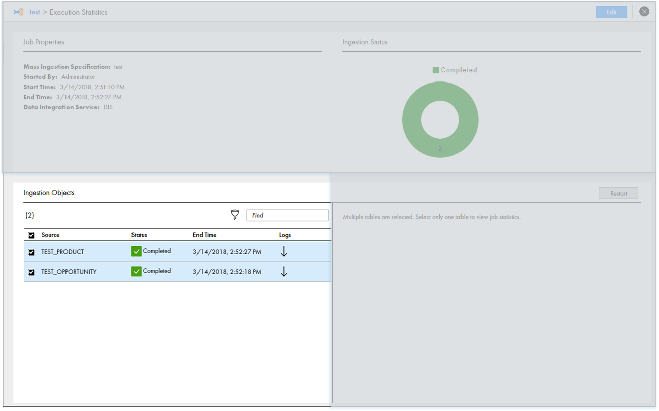 This image shows the Ingestion Objects view on the Execution Statistics page. The Ingestion Objects view contains two source tables. Both source tables are selected. 
				  