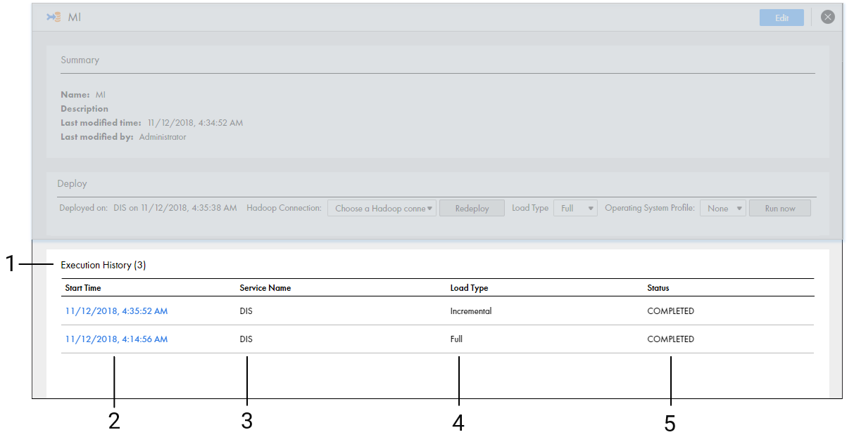 This image shows the Execution History view on the Overview page. The Execution History view show a run instance for each time that the mass ingestion specification was run. For each run instance, the Execution History view shows the start time, Data Integration Service where the specification was deployed, and the specification run status. 
			 