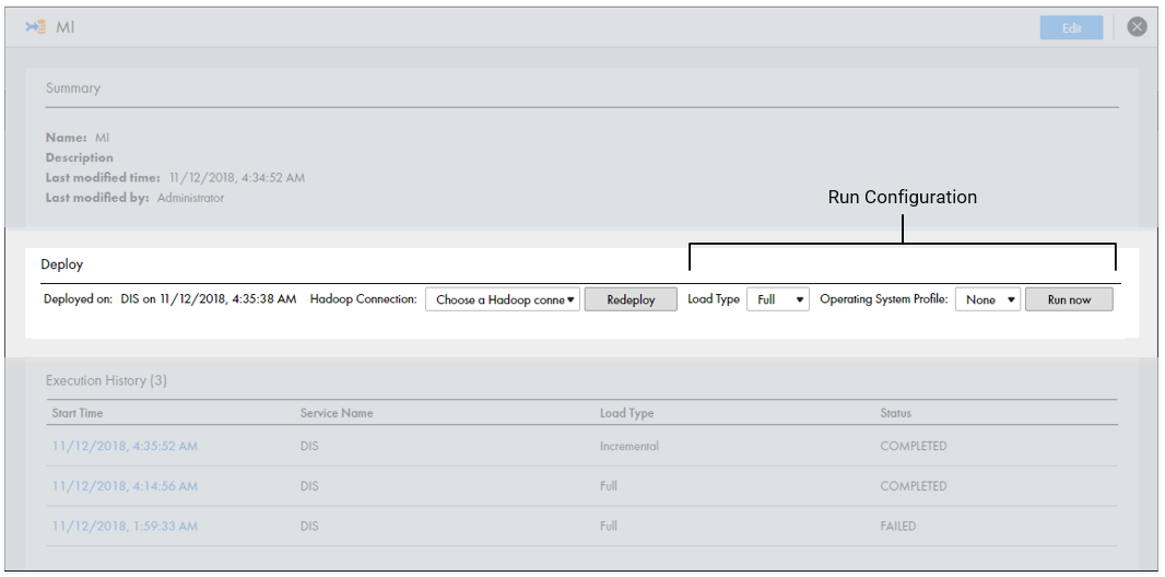 This image shows the Deploy view on the Overview page. The run configuration options are on the right of the Deploy view. In the run configuration, you can select an operating system profile. Next to the option to select an operating system profile, you can select Run now to run the specification. 
					 
