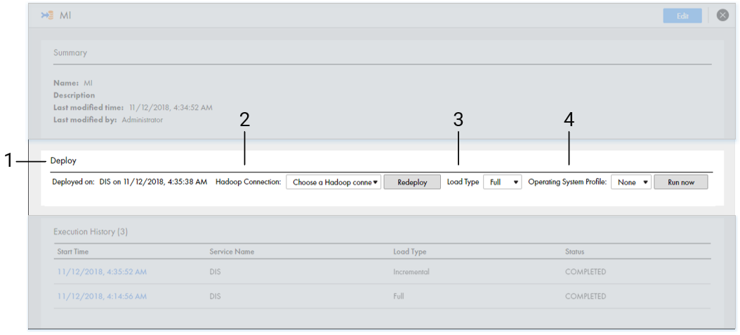 This screenshot shows the Deploy view after a mass ingestion specification has been deployed. The Deploy view appears under the Summary view. The view shows the name of the Data Integration Service where the specification was deployed and the time the specification was deployed. You have the option to enter a new Hadoop connection to redeploy the specification, or to enter an operating system profile to run the specification. 
			 