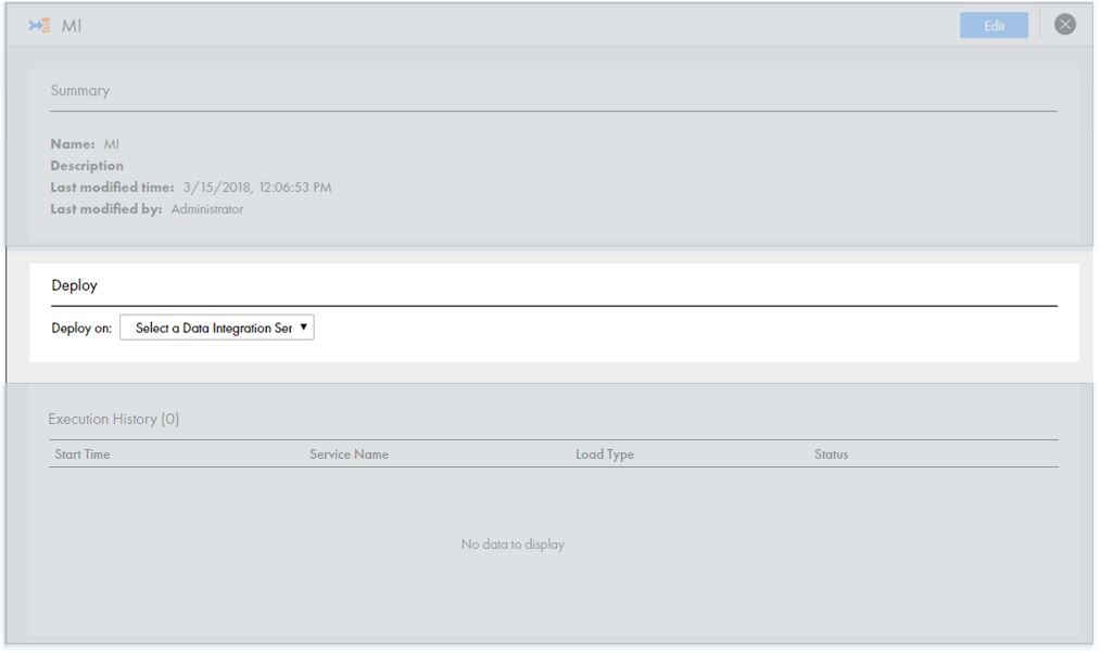 This image shows the Deploy view on the Overview page. In the Deploy view, there is an option to configure the Data Integration Service where you want to deploy the mass ingestion specification. 
					 