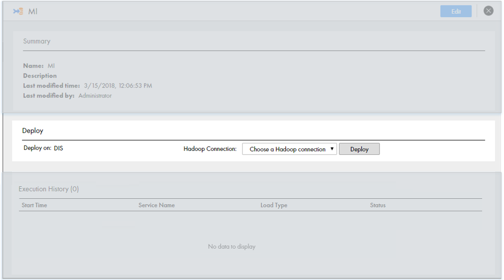 This image shows the Deploy view on the Overview page. The option to deploy the mass ingestion specification to a Data Integration Service is selected. The option to configure a Hadoop connection appears next to the selected Data Integration Service. 
					 