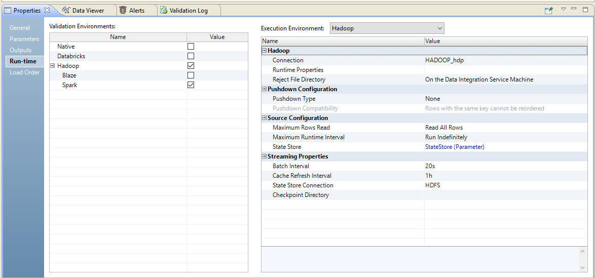 The image describes the Hadoop mapping and run-time properties. 
		  