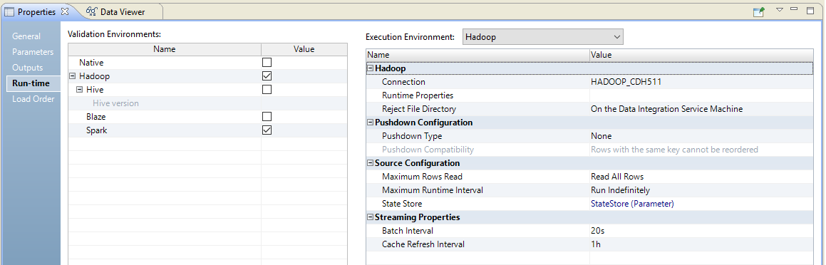 The Run-time properties shows the Validation Environment and the Execution Environment properties. 
			 