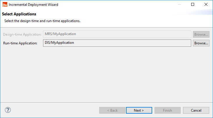 This image shows the Select Applications page of the Incremental Deployment wizard. The page shows options to select a design-time application and a run-time application. 
				  