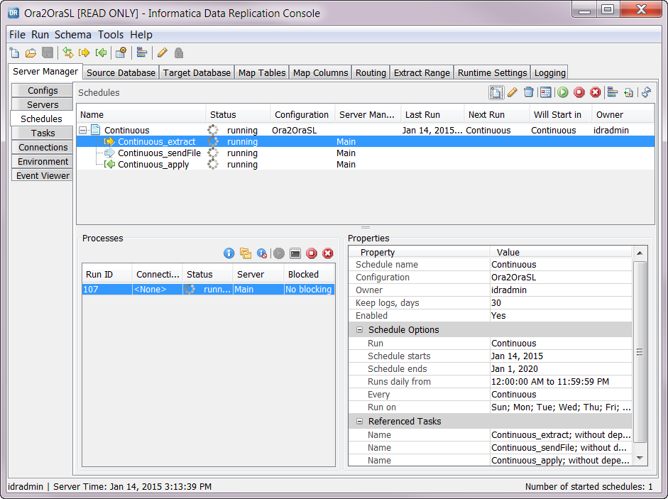 The Schedules view shows the running continuous schedule ora2ora_demo. 
				  