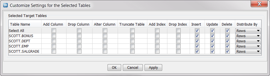 Customize Settings for the Selected Tables dialog box 
				  