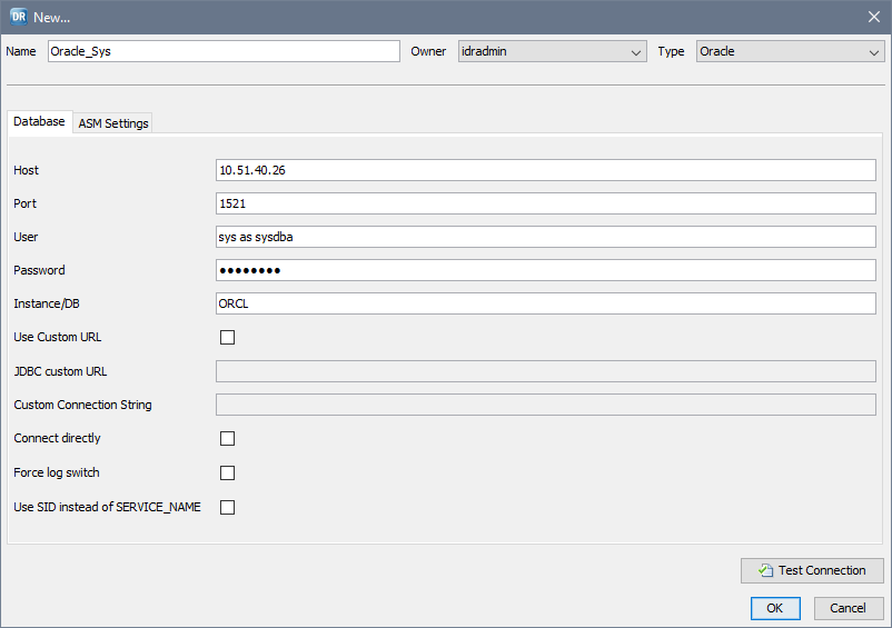  New dialog box > Database tab view for creating a new target connection. 
					 