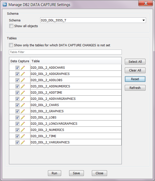 Manage DB2 DATA CAPTURE Settings dialog box 
				  