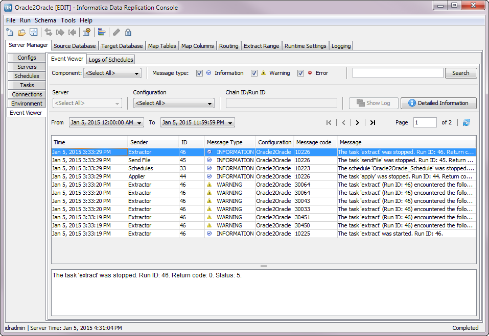 The Event Viewer view on the Server Manager tab displays a list of task events. 
					 