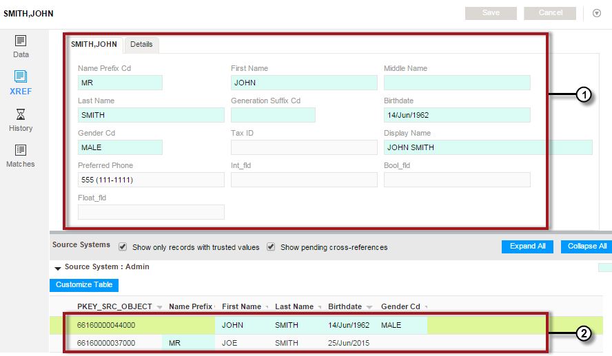 A parent record appears in the XREF view with the cross-reference records shown below. 
			 