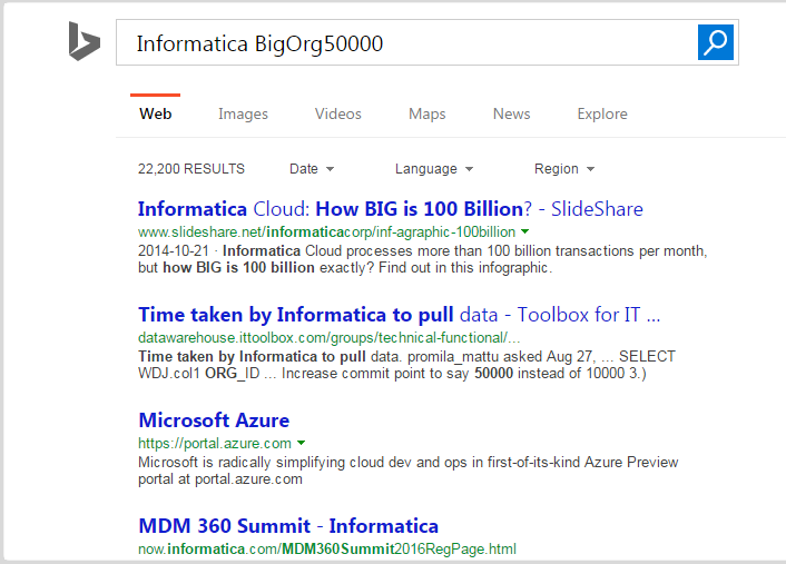 Results of a search using the embedded Bing search engine component. 
		  