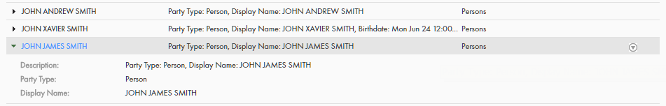In the Search Results panel, the row for John James Smith is expanded to show details, one per line. 
				  