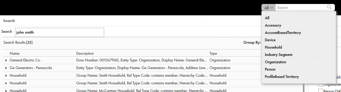 The Search box in the 
					 Data Director header showing the business entity type list. 
				  