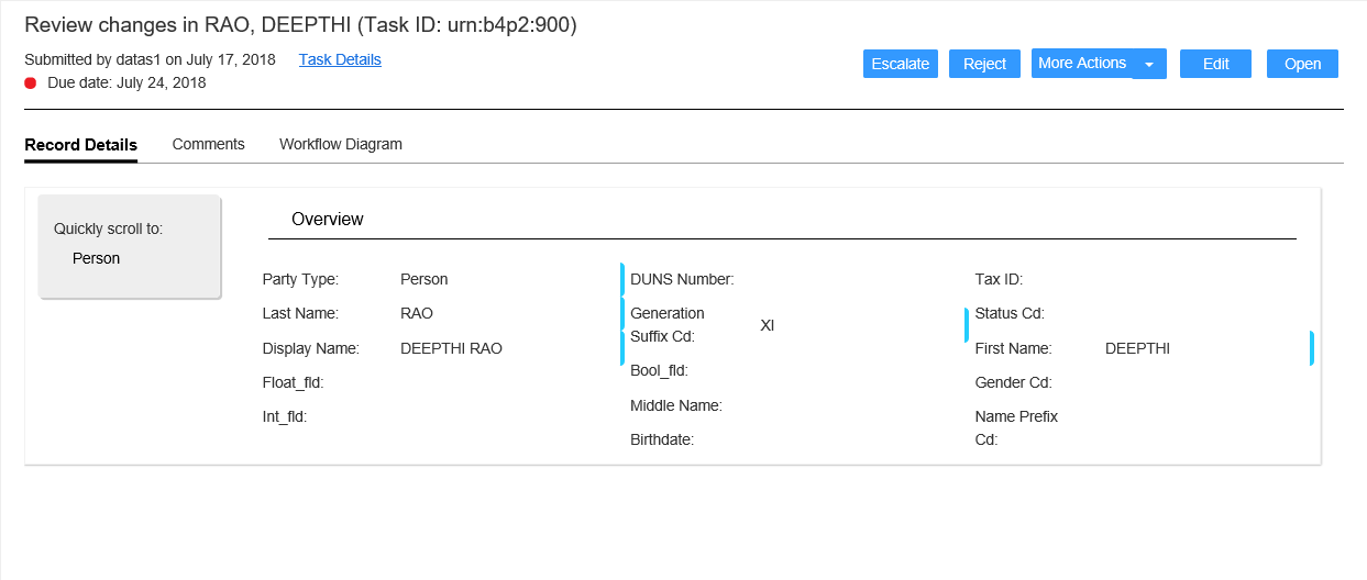 The review panel displays the record associated with the selected task. Changes are marked with a blue bar. 
		  