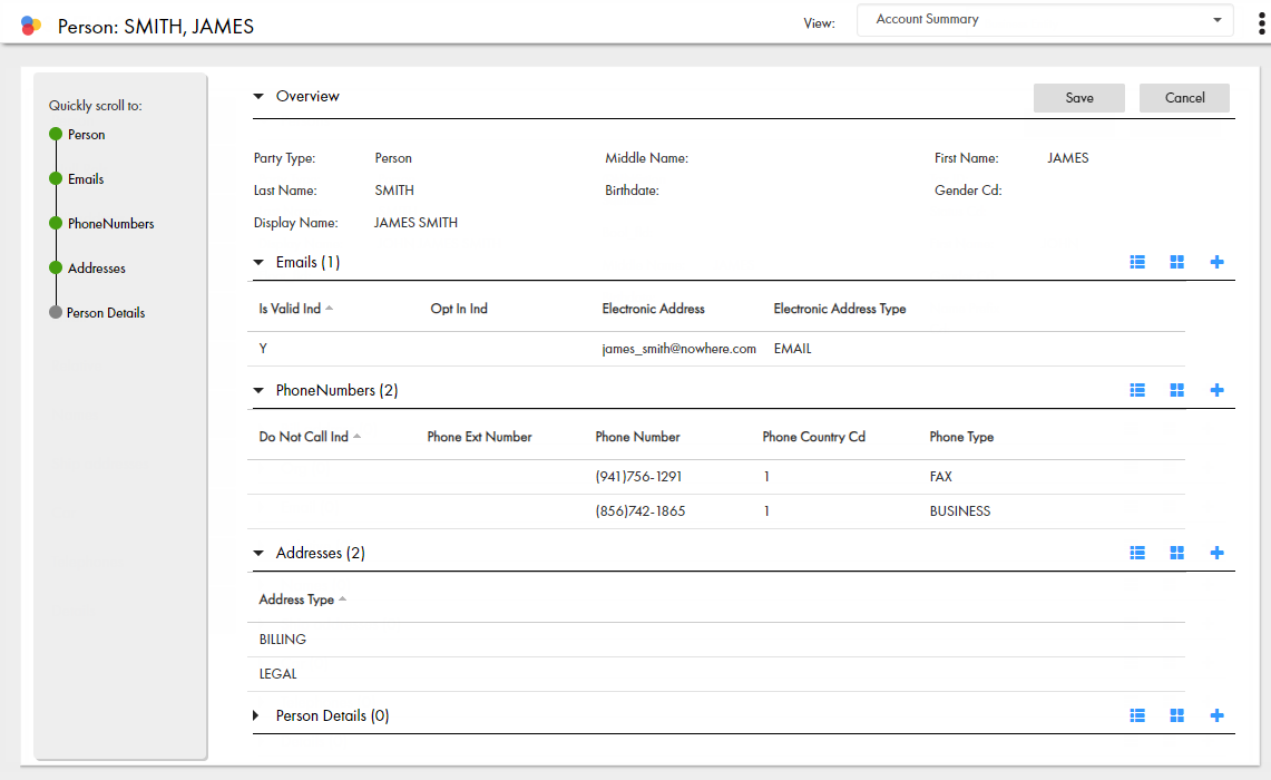 A 
						Business Entity view displays the contents of the root record for John James Smith. The sections for the child records are collapsed. 
					 