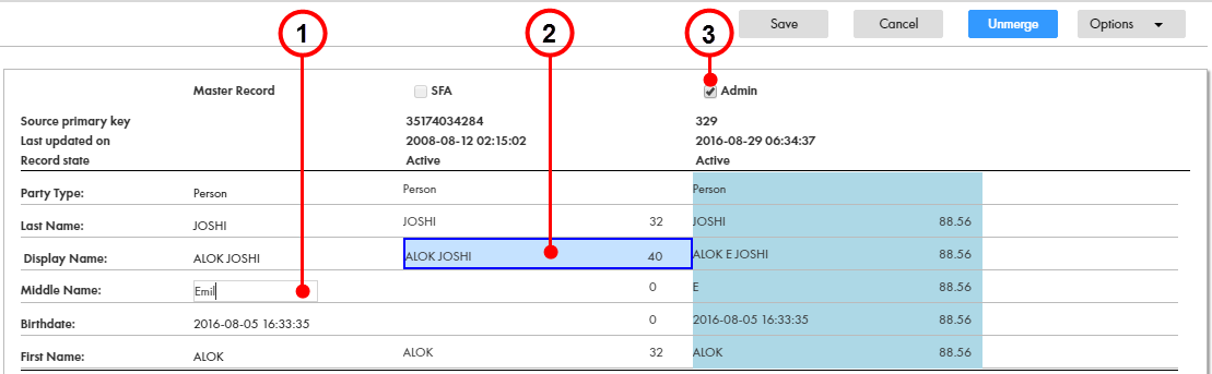 A screenshot showing the cross-reference view, with a new value entered, selecting a new contributing field, and a cross-reference record selected for unmerge. 
			 