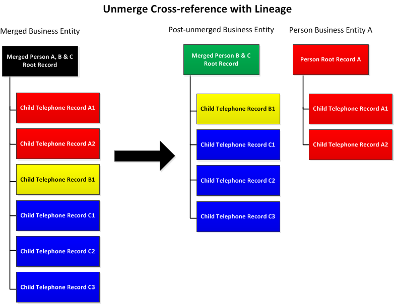 An unmerged cross-reference record with lineage unmerges the parent record and restores the child records. 
			 