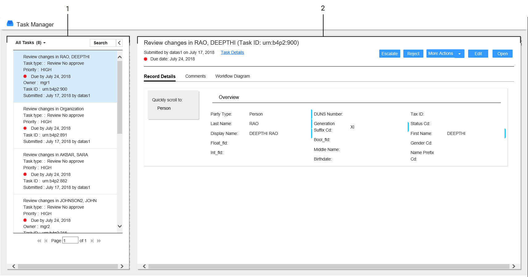 Displays the Task Manager with a task selected. The associated record appears in the review panel. 
		  