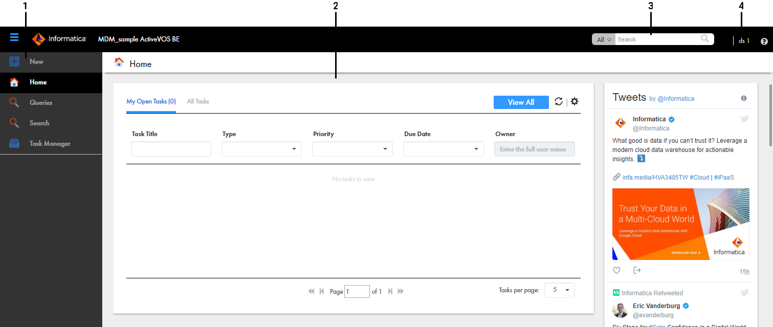 The Informatica Data Director user interface contains an application header, tabs, and a page area. 
		  