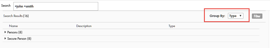 El panel de resultados de la búsqueda contiene los resultados de la búsqueda agrupados en los grupos de tipo de entidad de negocio Persona y Persona segura. 
				  