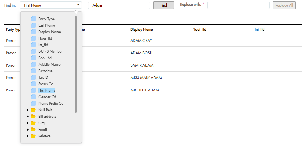 The Find in list with the First Name column selected. 
				