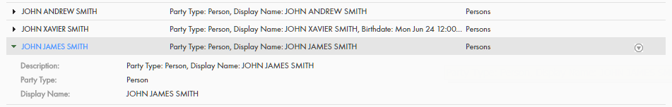 En el panel de resultados de búsqueda, la fila para John James Smith se expande para mostrar los detalles de forma individual (uno por línea).
				  