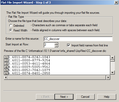 The Flat File Import Wizard shows that the fixed-width file type is selected and the content of the flat file is displayed. 
					 