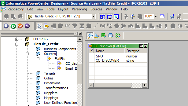 The Designer tool shows the CC_discover flat file that you created in the FlatFile_Credit folder. 
					 