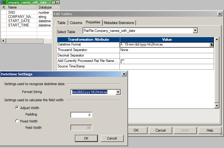 The Source Analyzer window contains a flat file, the Edit Tables dialog box, and the Datetime Settings dialog box. The Datetime Format field shows A 19mm/dd/yyyy hh24:mi:ss, and the Datetime Settings dialog box shows format string and field width properties. 
			 