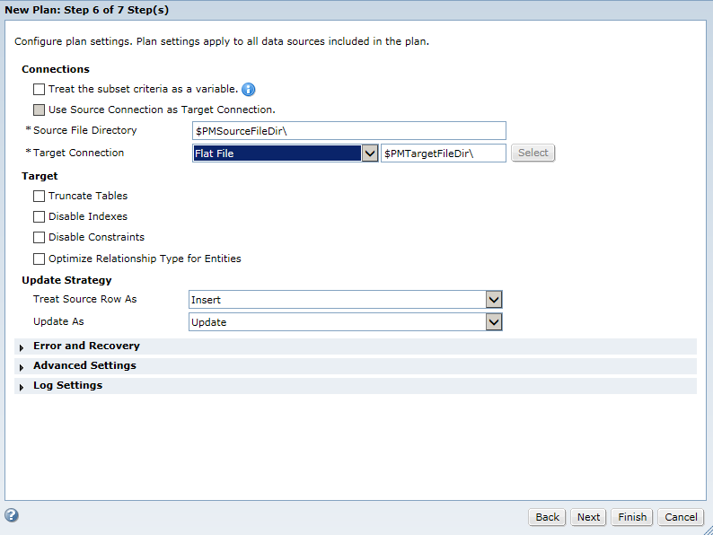 The New Plan dialog box shows the plan settings that you can configure. The source and target connections are flat files. 
			 