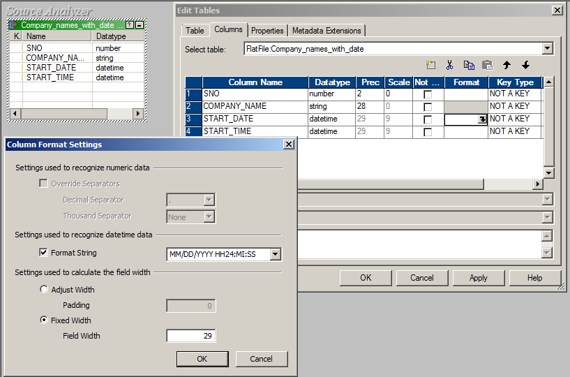 The Source Analyzer window contains a flat file, the Edit Tables dialog box, and the Column Format Settings dialog box. The Format String field shows MM/DD/YYYY HH24:MI:SS and the field is set to 29. 
			 
