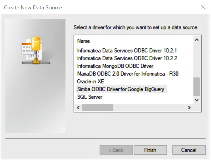 The following image shows the Simba ODBC driver for Google BigQuery available for your operating system 
					 