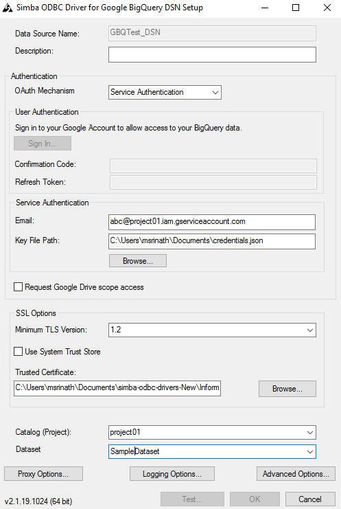 The following image shows the connection configuration properties in the Simba ODBC Driver for Google BigQuery DSN Setup dialog box
				  