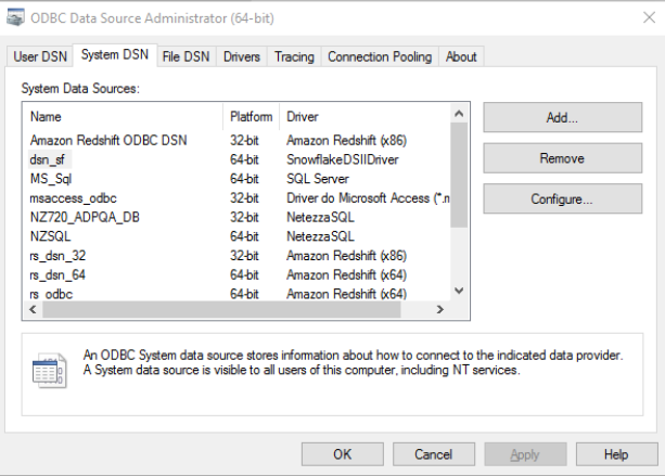 The image shows the System DSN on the ODBC Data Source Administrator (64-bit) dialog box. 
					 