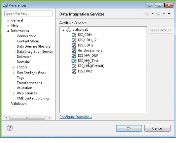 The image shows the Data Integration Service dialog box in the Developer tool. Select from a list of available Data Integration Services. 
				  