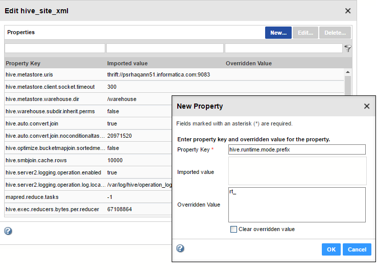 The New Property dialog box displays the property name as the Property Key. The image shows a value of rt_ typed in the Overridden Value text entry pane. 
				