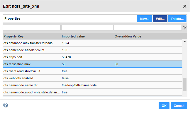 After you override the imported value of a property, the Edit dialog box shows both the imported value and the override value.