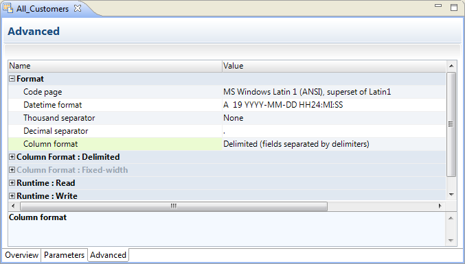 The Format section is expanded. The delimited and fixed-width format sections and the run-time sections are collapsed. 
		  