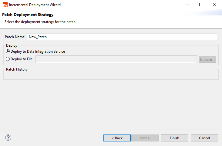 This image shows the Patch Deployment Strategy page of the Incremental Deployment wizard. The top of the page shows an option to enter a patch type. The middle of the page shows options to deploy the patch to a Data Integration Service or to deploy the patch to a file. Underneath the deployment options, the page shows a box for the patch history. 
			 