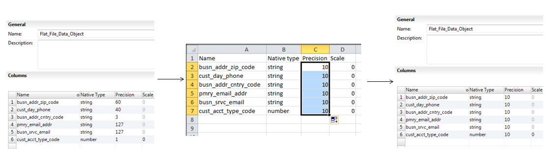 The first image shows a flat file data object which includes business information, type values, precision values, and scale values. The second image shows the same information after it has been copied to an Excel sheet. The precision values have been changed to "10." The last image shows the updated information after it has been copied back to the flat file data object in the Developer tool. 
		  