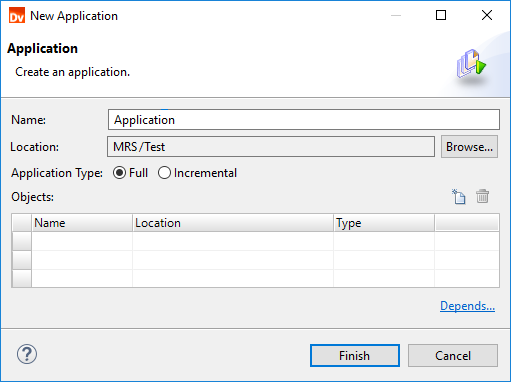 This image shows the New Application dialog box. The dialog box shows properties for the application name, location, and type. It also lists the objects that you add to the application. 
					 