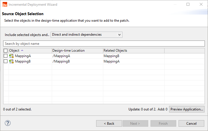 This image shows the Source Object Selection page in the Incremental Deployment wizard. Next to Include, the option "Selected objects and first-degree related objects" is selected. The table lists the following objects: the mappings Mapping A and Mapping B. 
				  