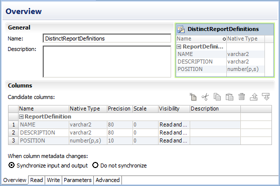 The Overview view shows the name, description, and columns of the customized data object. The Overview view also shows whether the customized data object is synchronized when column metadata changes. A customized data object that is open in the editor also has the Read, Write, Parameters, and Advanced views. 
			 