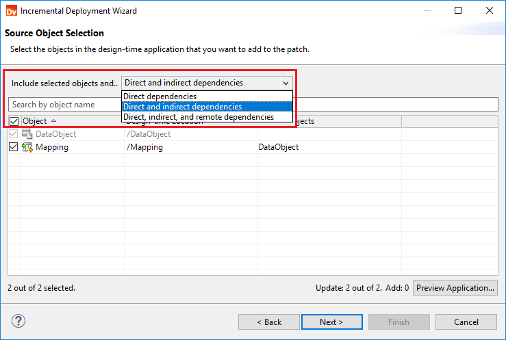 This image shows the Source Object Selection page in the Incremental Deployment wizard. Next to Include, the page lists the following options: Selected objects, Selected objects and first-degree related objects, and Selected objects and all related objects. 
			 