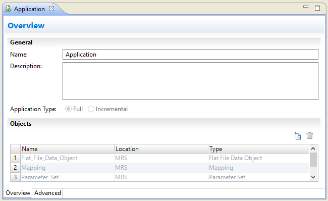 This image shows the Application Editor. The Application Editor shows options to edit the name and description of the application, and it shows a list of the objects in the application. 
				  