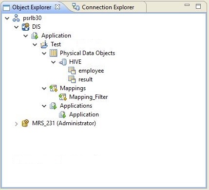 이 이미지는 Developer tool의 Object Explorer 보기를 보여 줍니다. 보기에는 도메인, 도메인의 데이터 통합 서비스 및 데이터 통합 서비스의 런타임 응용 프로그램이 표시됩니다. 런타임 응용 프로그램을 확장하면 실제 데이터 개체, 매핑 및 응용 프로그램 자체가 포함된 프로젝트를 표시할 수 있습니다.
		  